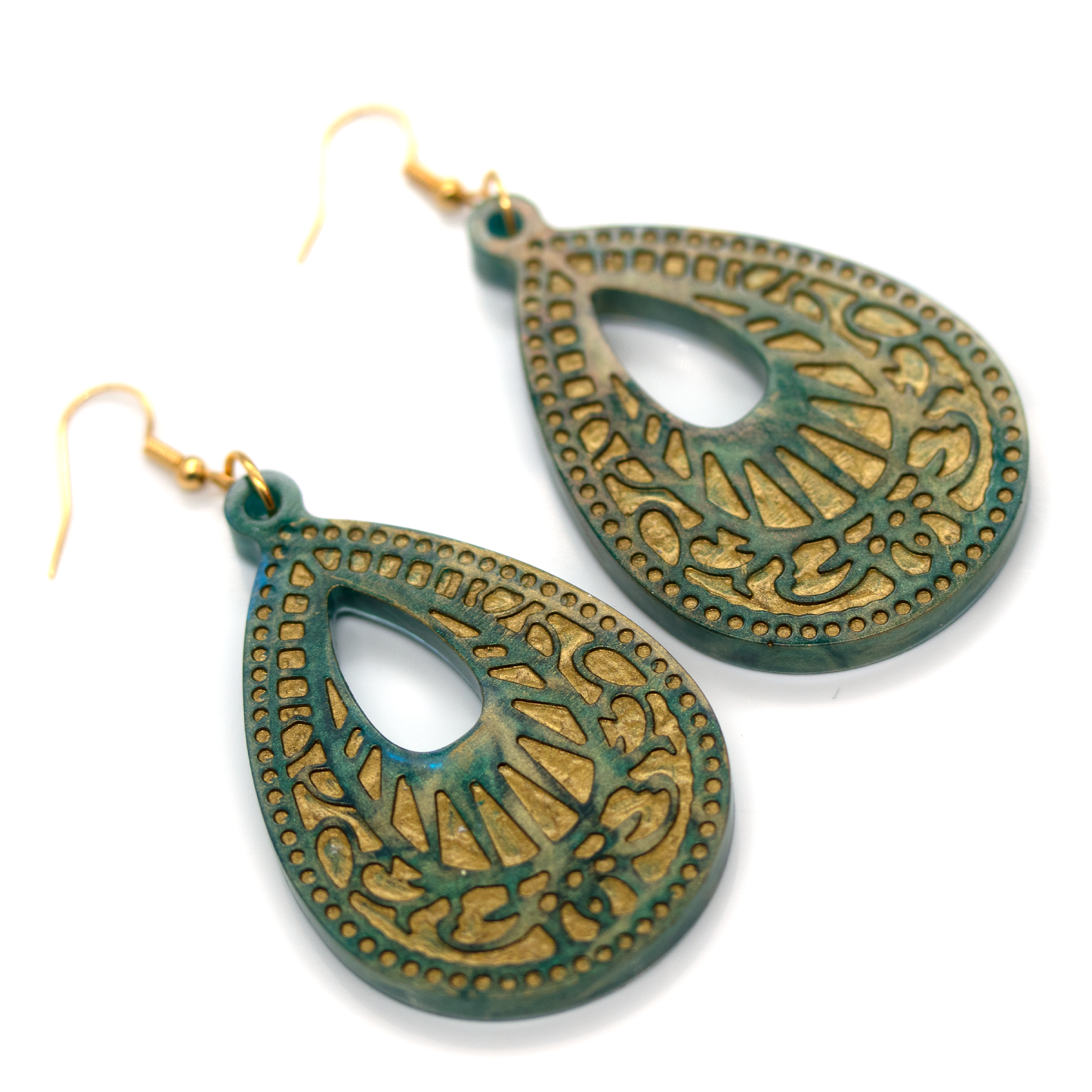 Green Marble + Gold Big Boho Earrings image 7