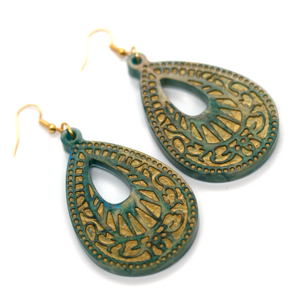 Green Marble + Gold Big Boho Earrings image 7