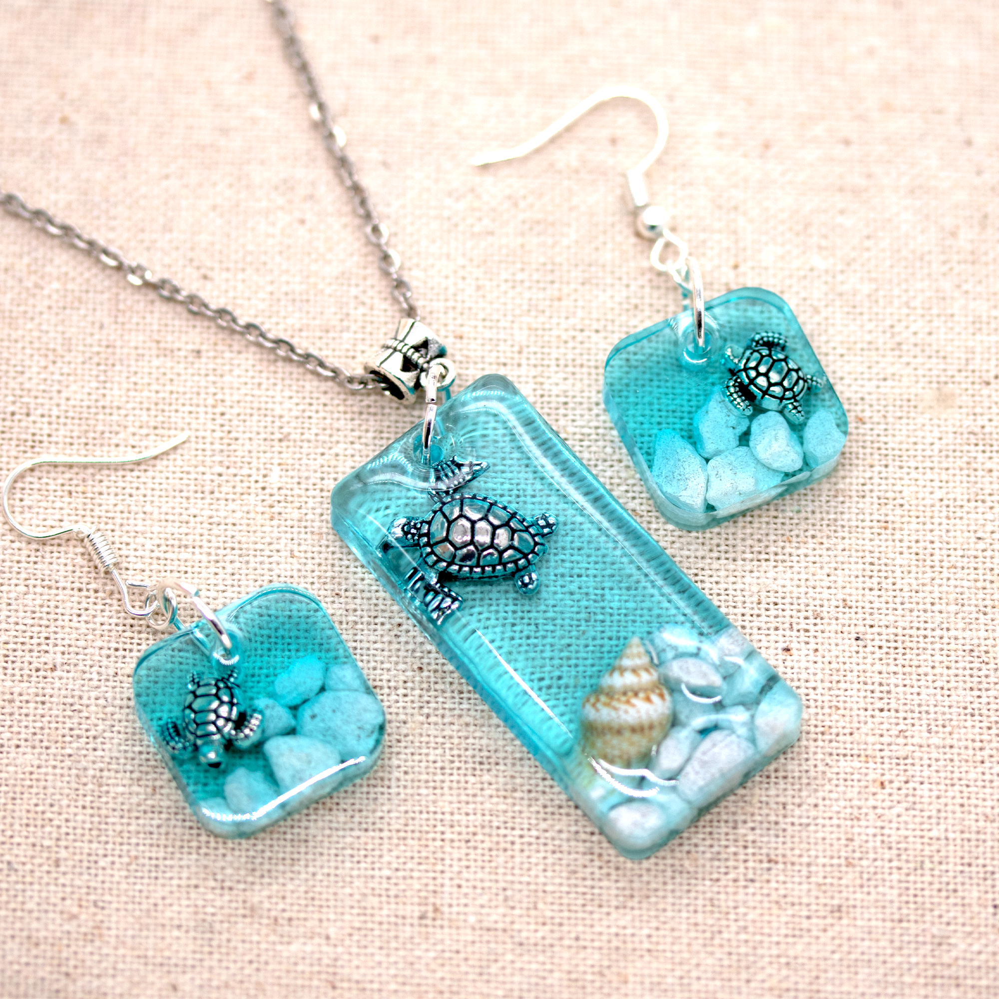 Underwater Turtle Seascape Earrings + Pendant Set image 5