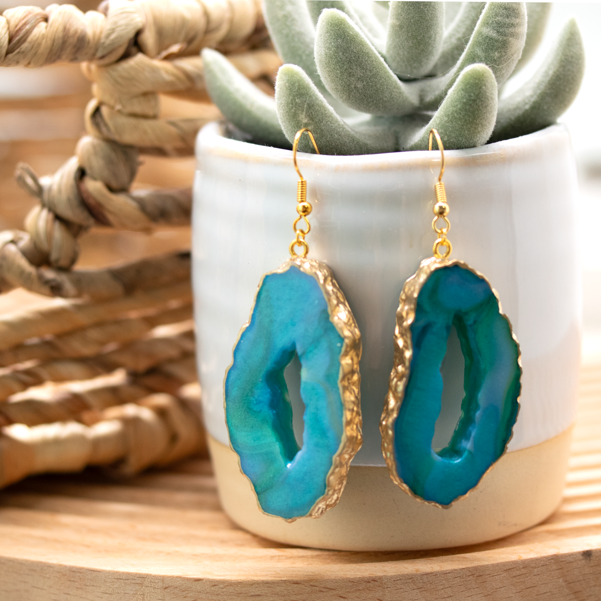 Northern Lights Teal + Gold Marble Geode Earrings image 0