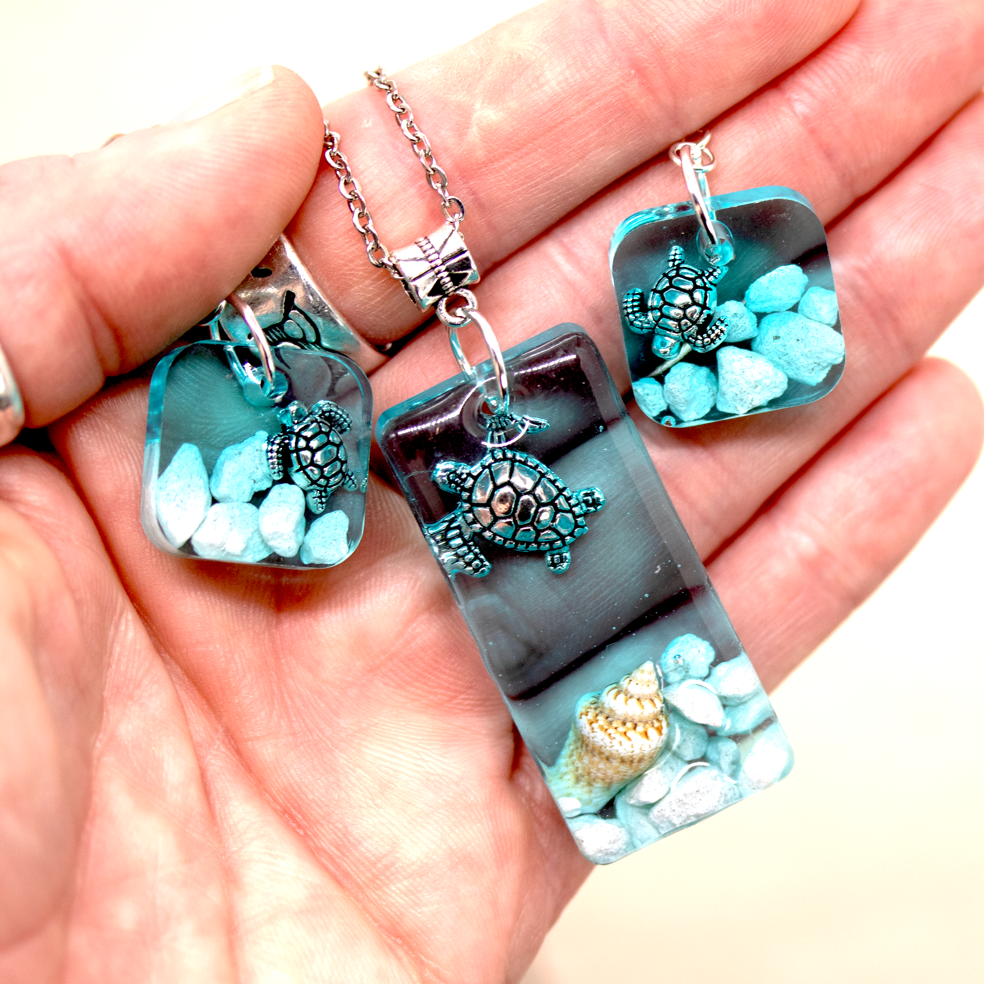 Underwater Turtle Seascape Earrings + Pendant Set image 6