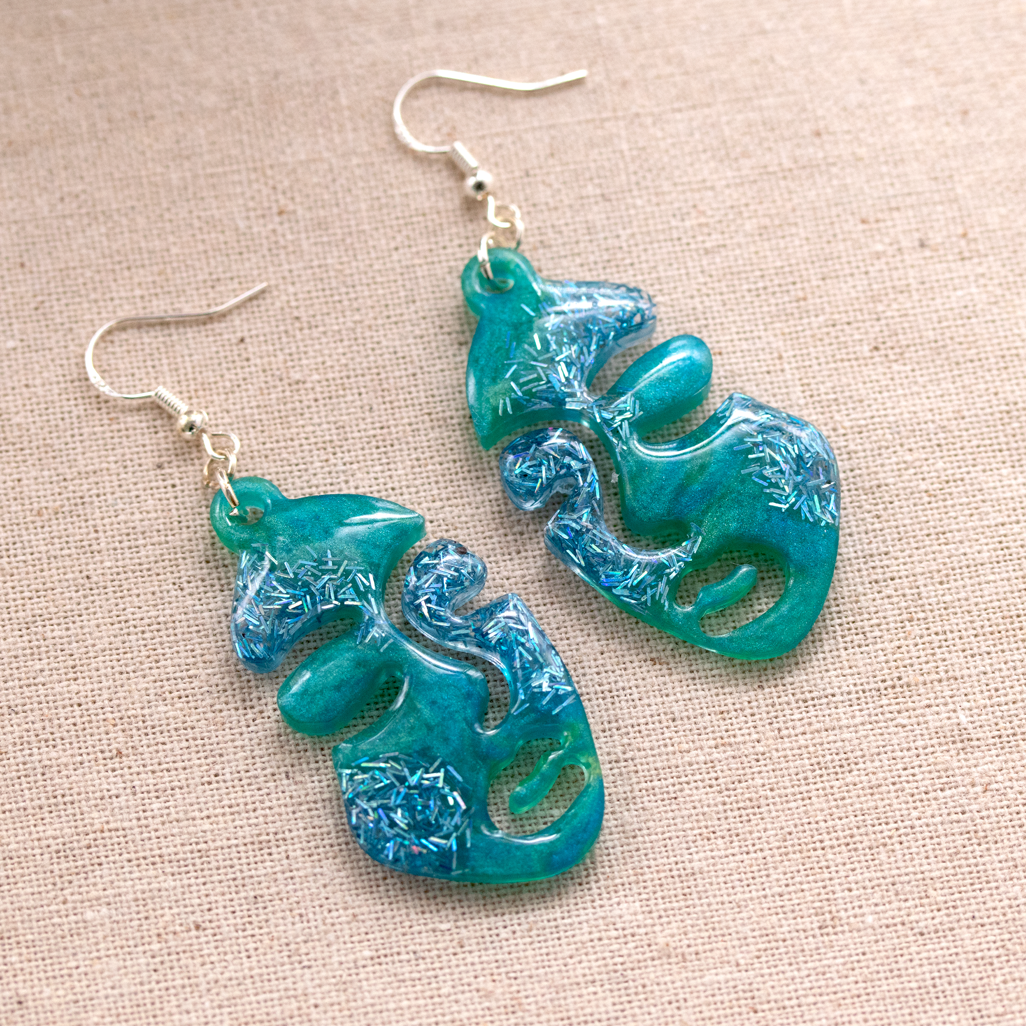 Green +Blue Tinsel Woman's Abstract Face Earrings image 5