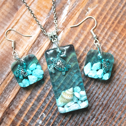 Underwater Turtle Seascape Earrings + Pendant Set image 0