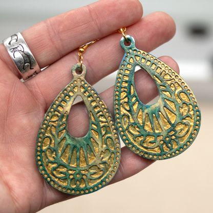 Green Marble + Gold Big Boho Earrings image 8