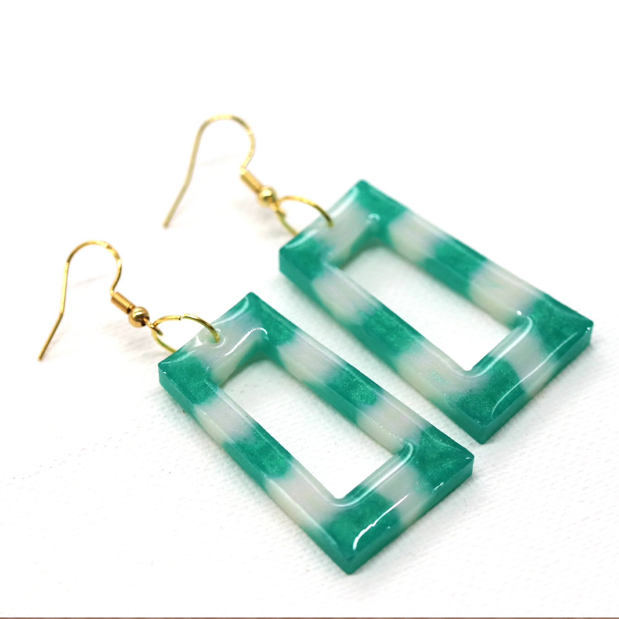 Green + White Boho Trapezoid-Shaped Earrings image 4