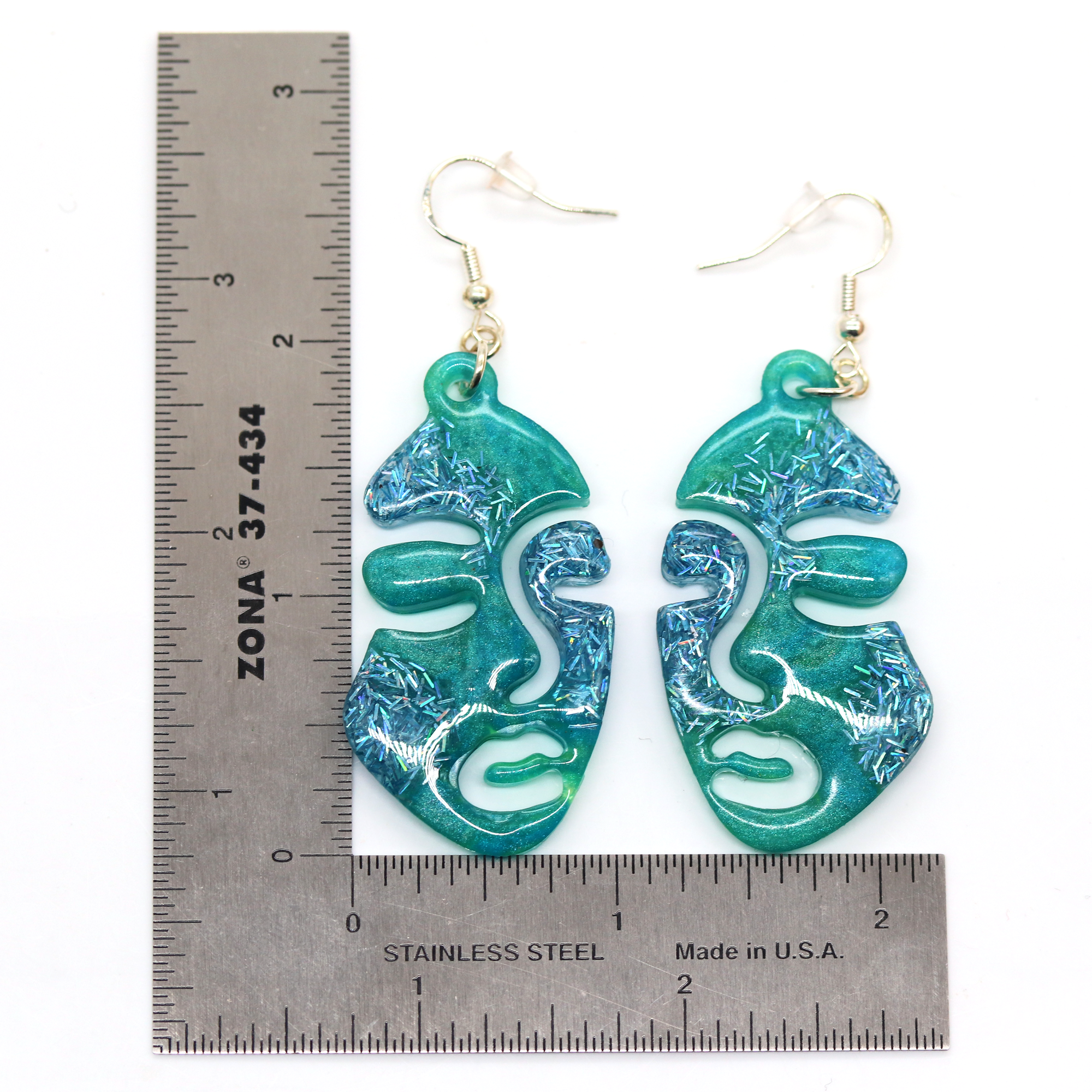 Green +Blue Tinsel Woman's Abstract Face Earrings image 7