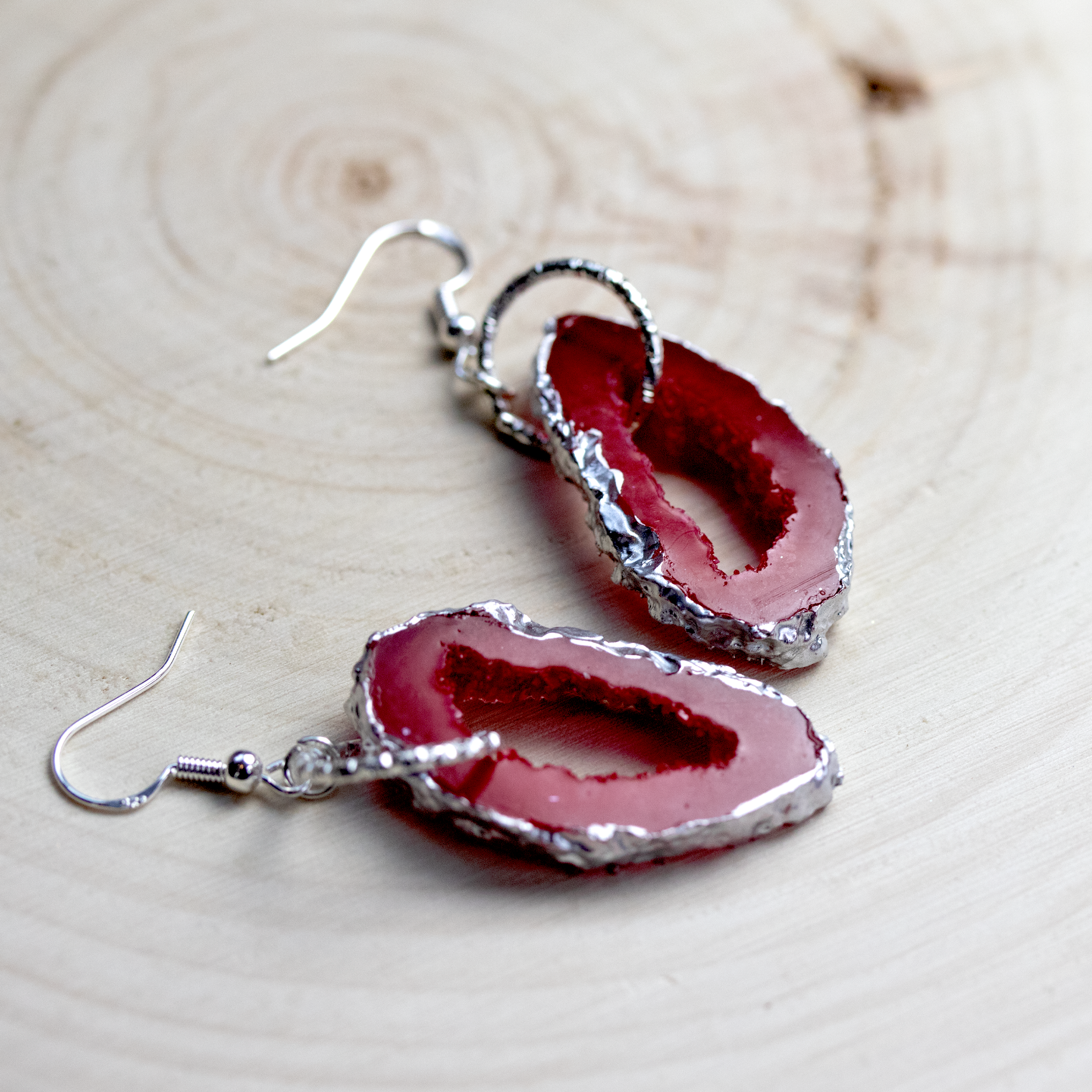 July - Ruby Birthstone Inspired Geode Earrings image 0