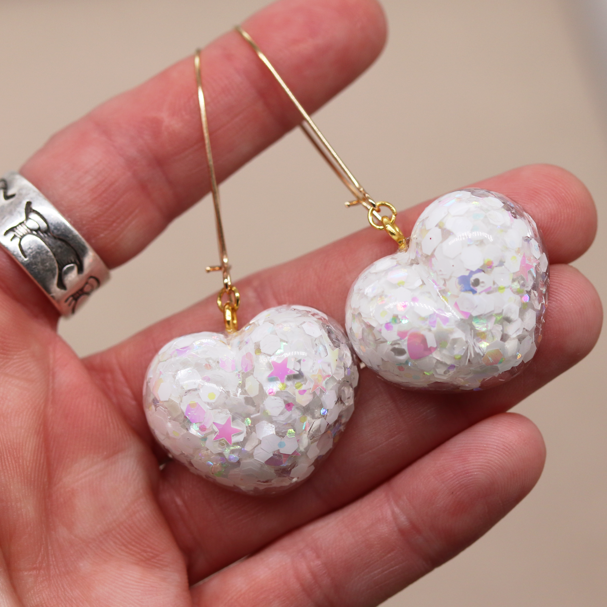 White Holographic Sparkly Heart Earrings image 6