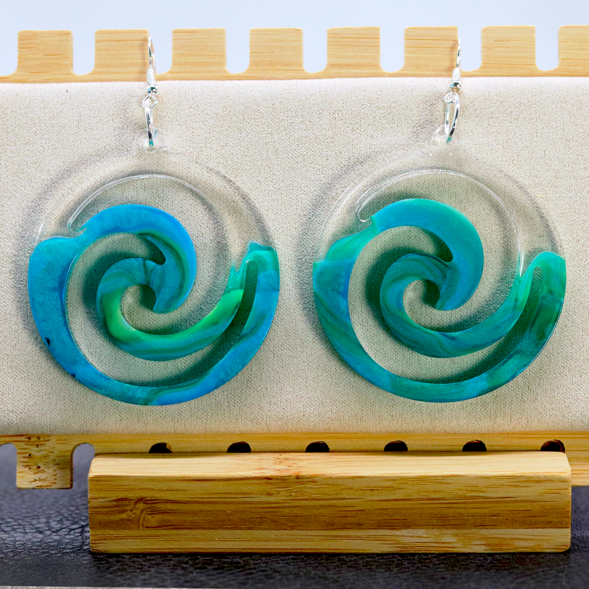 Teal Marble + Clear Big Boho Spiral Earrings image 2