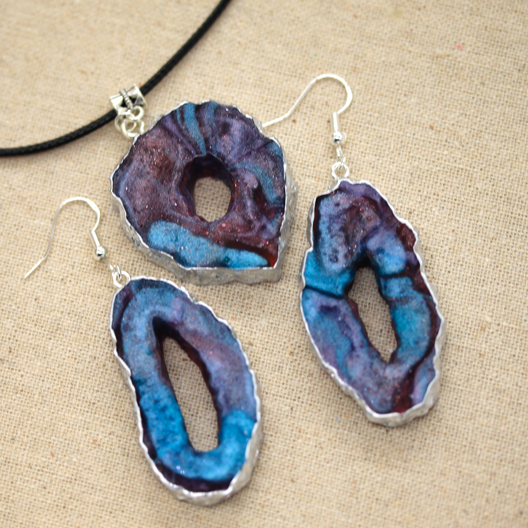 Blue + Purple Marble Galaxy Big Geode Earrings image 3