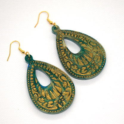 Green Marble + Gold Big Boho Earrings image 3