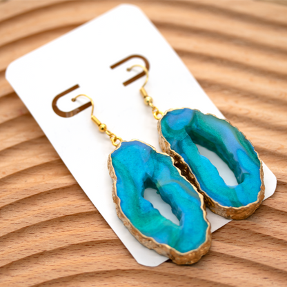 Northern Lights Teal + Gold Marble Geode Earrings image 1