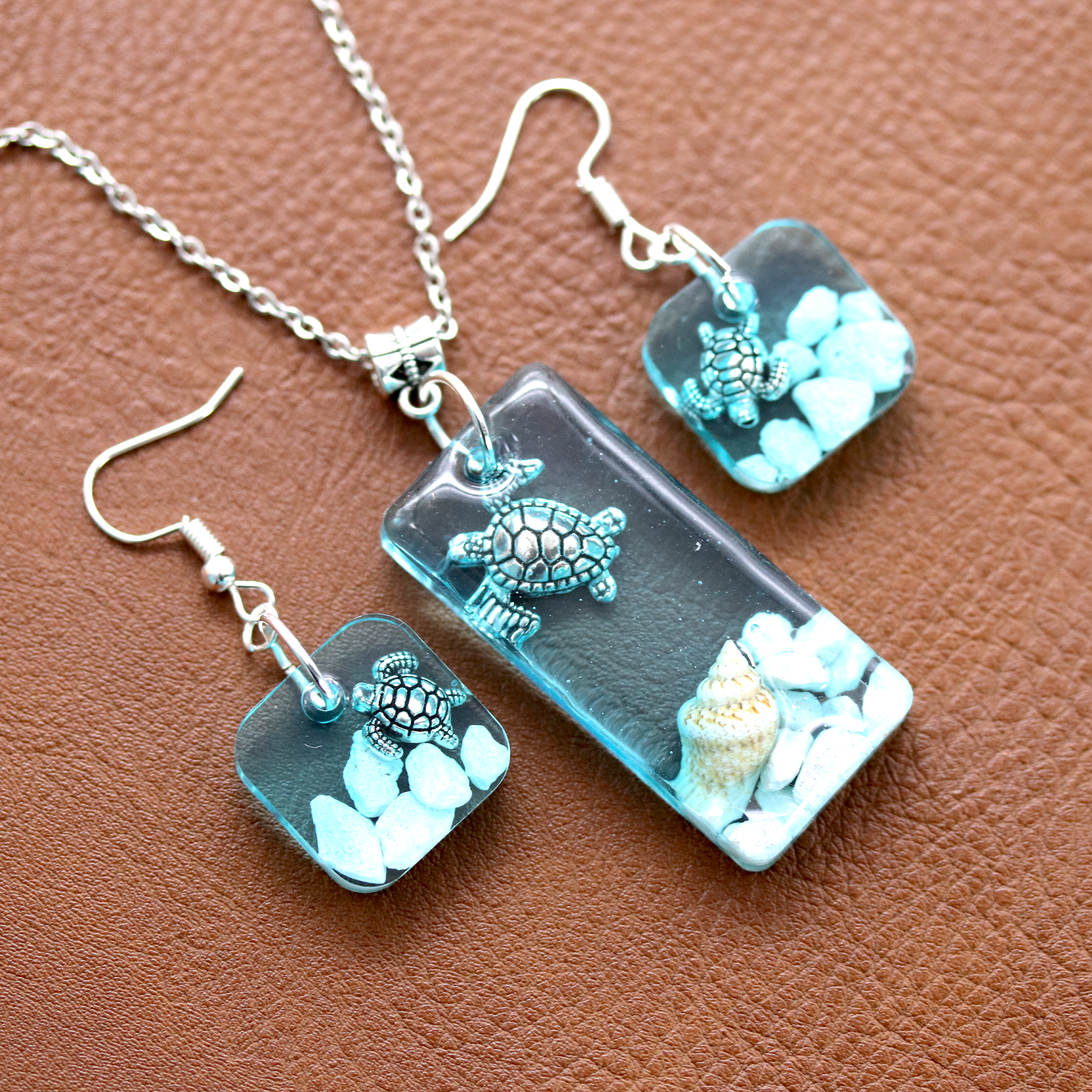 Underwater Turtle Seascape Earrings + Pendant Set image 3