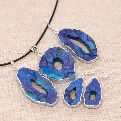 Blue + Purple Galaxy Geode Earrings + Pendant Set image 2