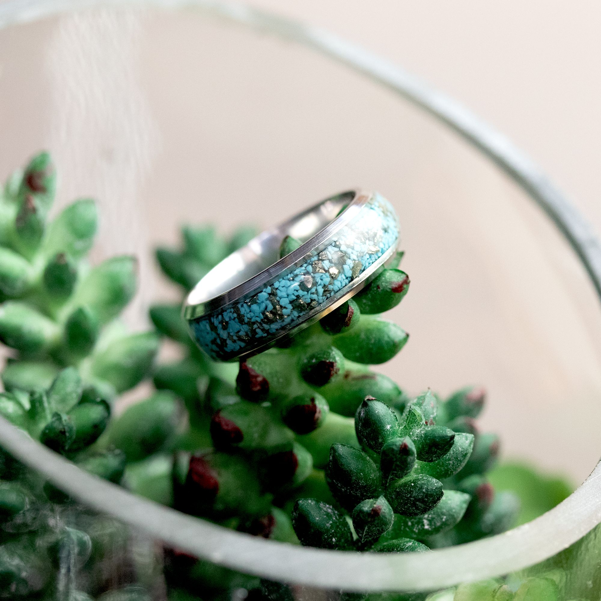 Turquoise and Pyrite Inlay Silver Finish Ring image 4