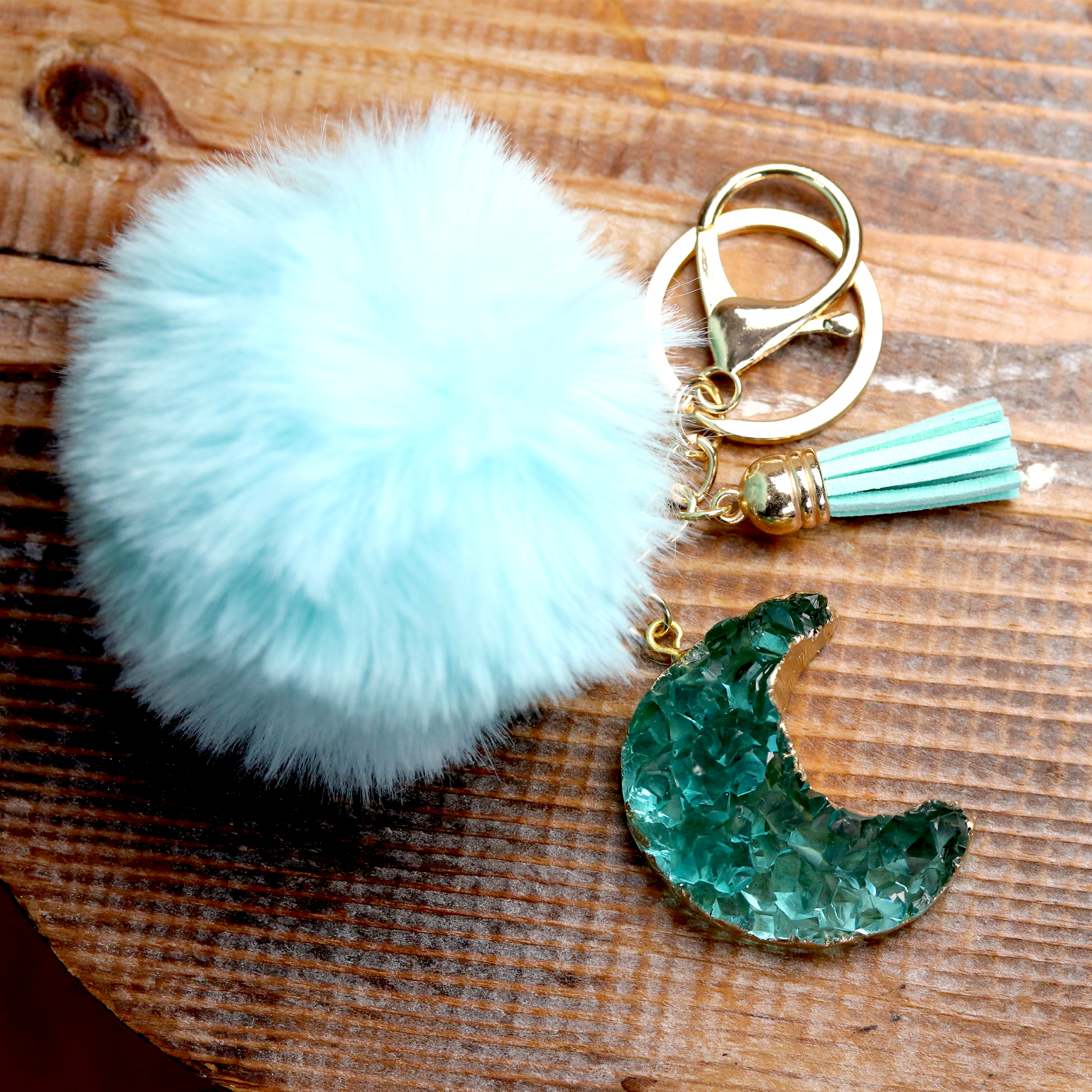 Emerald Green Druzy Crystal Crescent Moon Keychain image 3