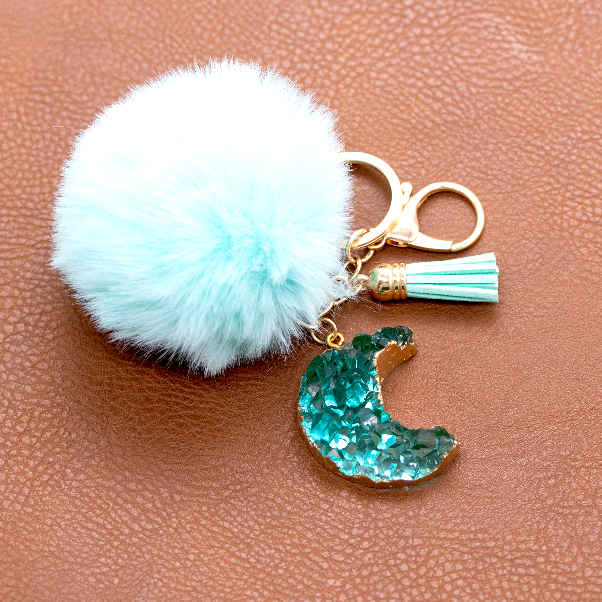 Light Aqua Blue Druzy Crystal Crescent Moon Keychain image 5