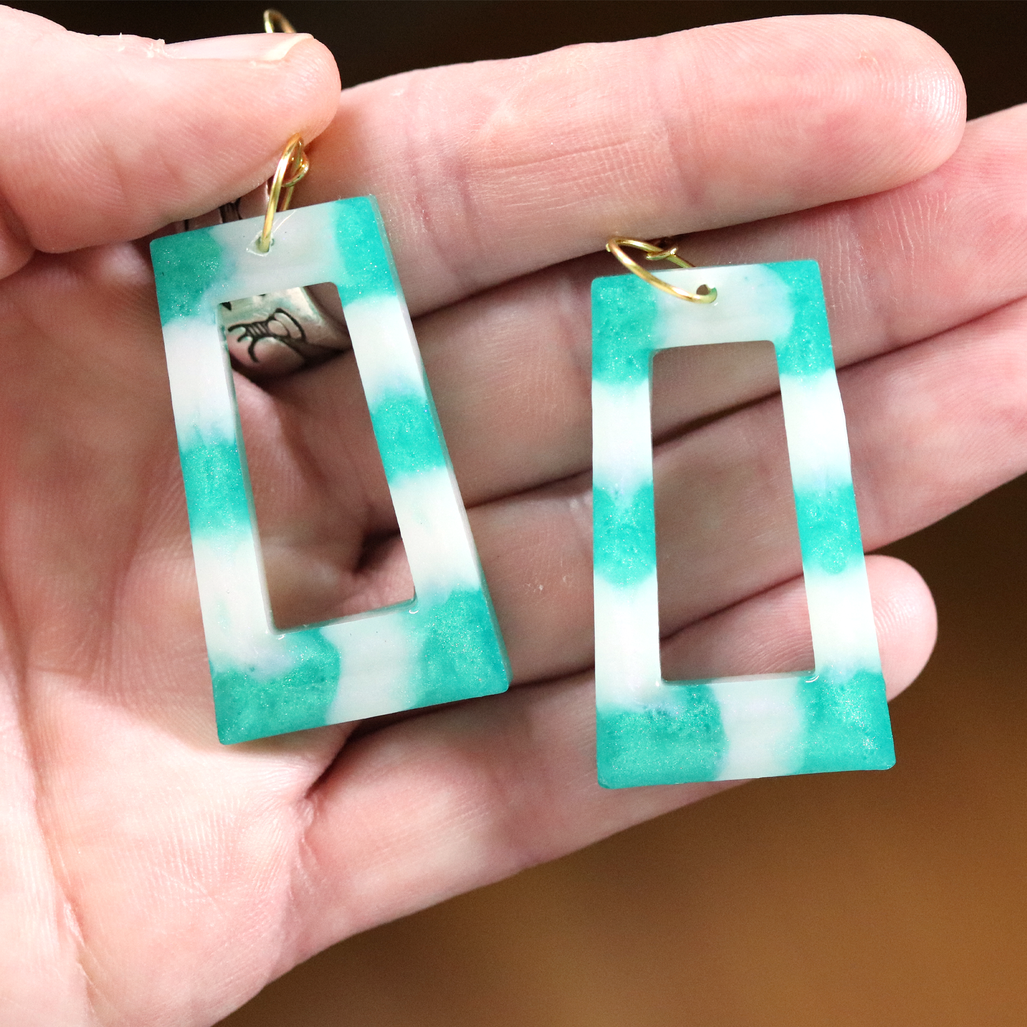 Green + White Boho Trapezoid-Shaped Earrings image 7