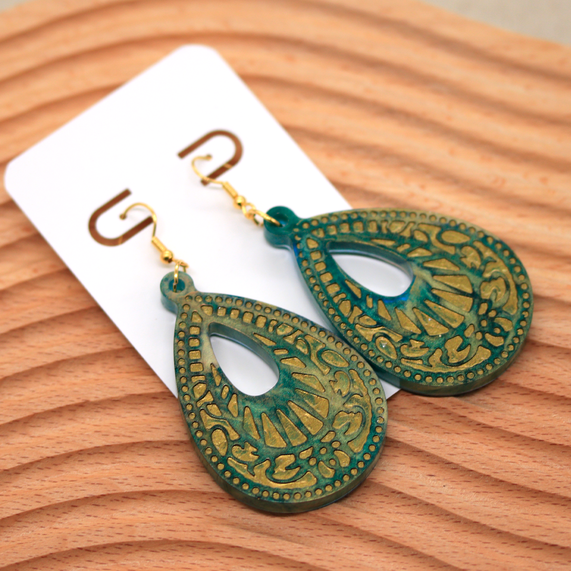 Green Marble + Gold Big Boho Earrings image 1