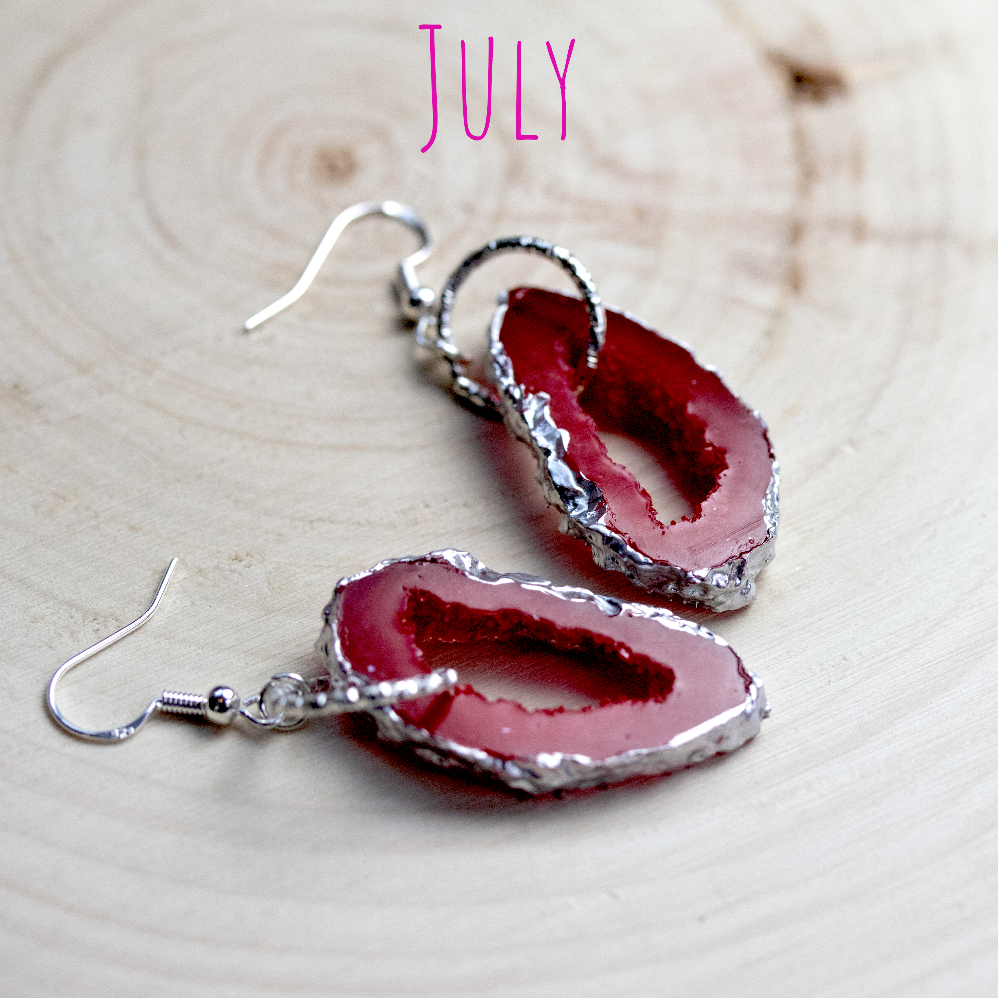 July - Ruby Birthstone Inspired Geode Earrings image 2