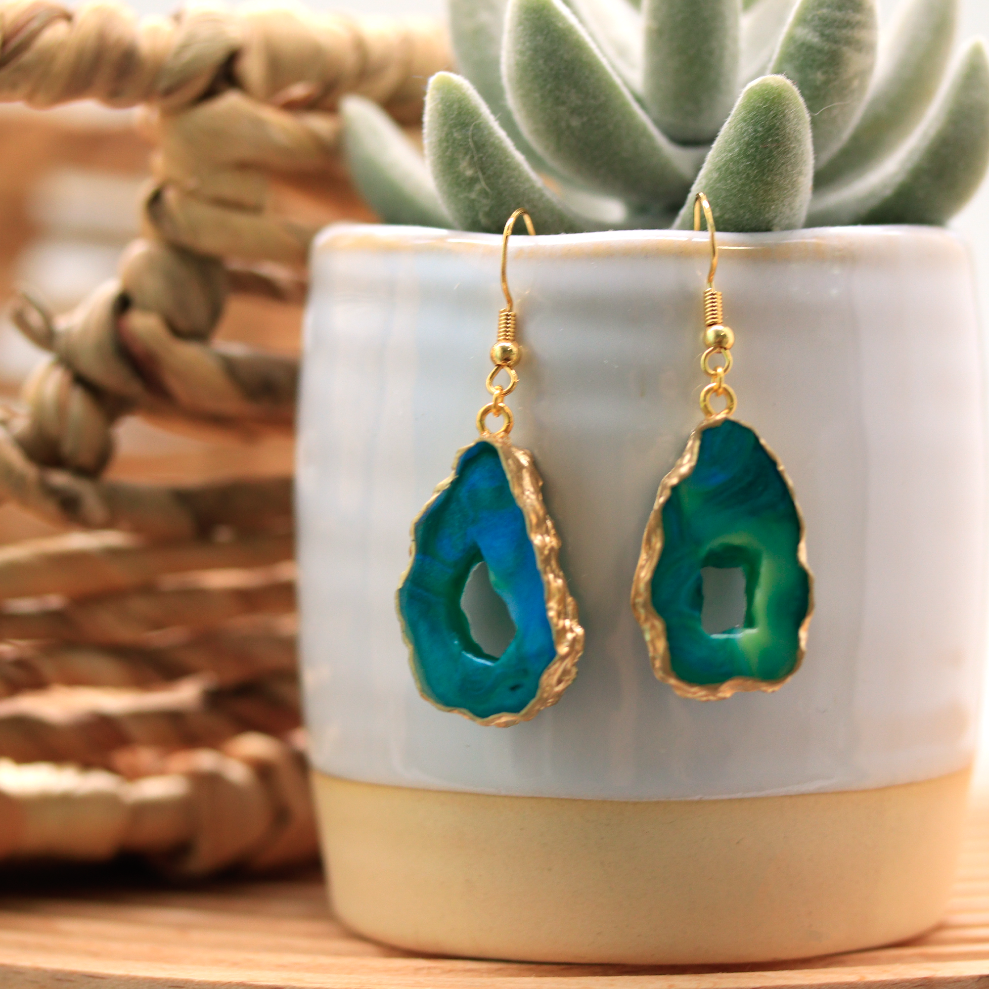 Northern Lights Teal + Gold Marble Geode Earrings image 2