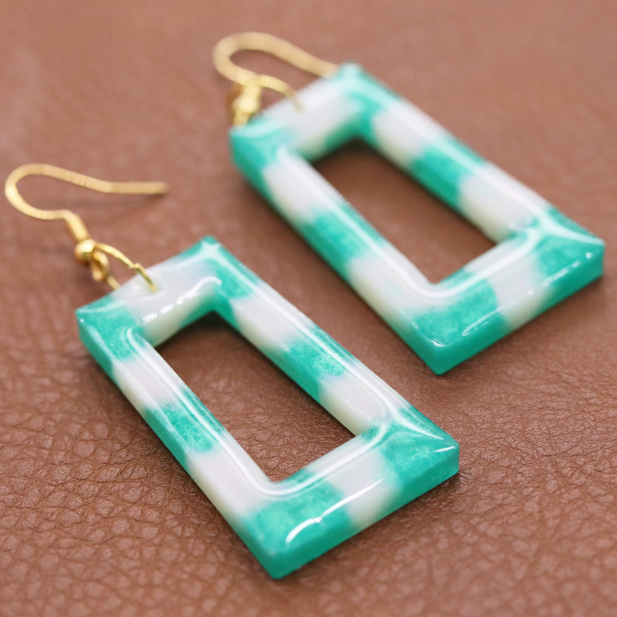 Green + White Boho Trapezoid-Shaped Earrings image 3