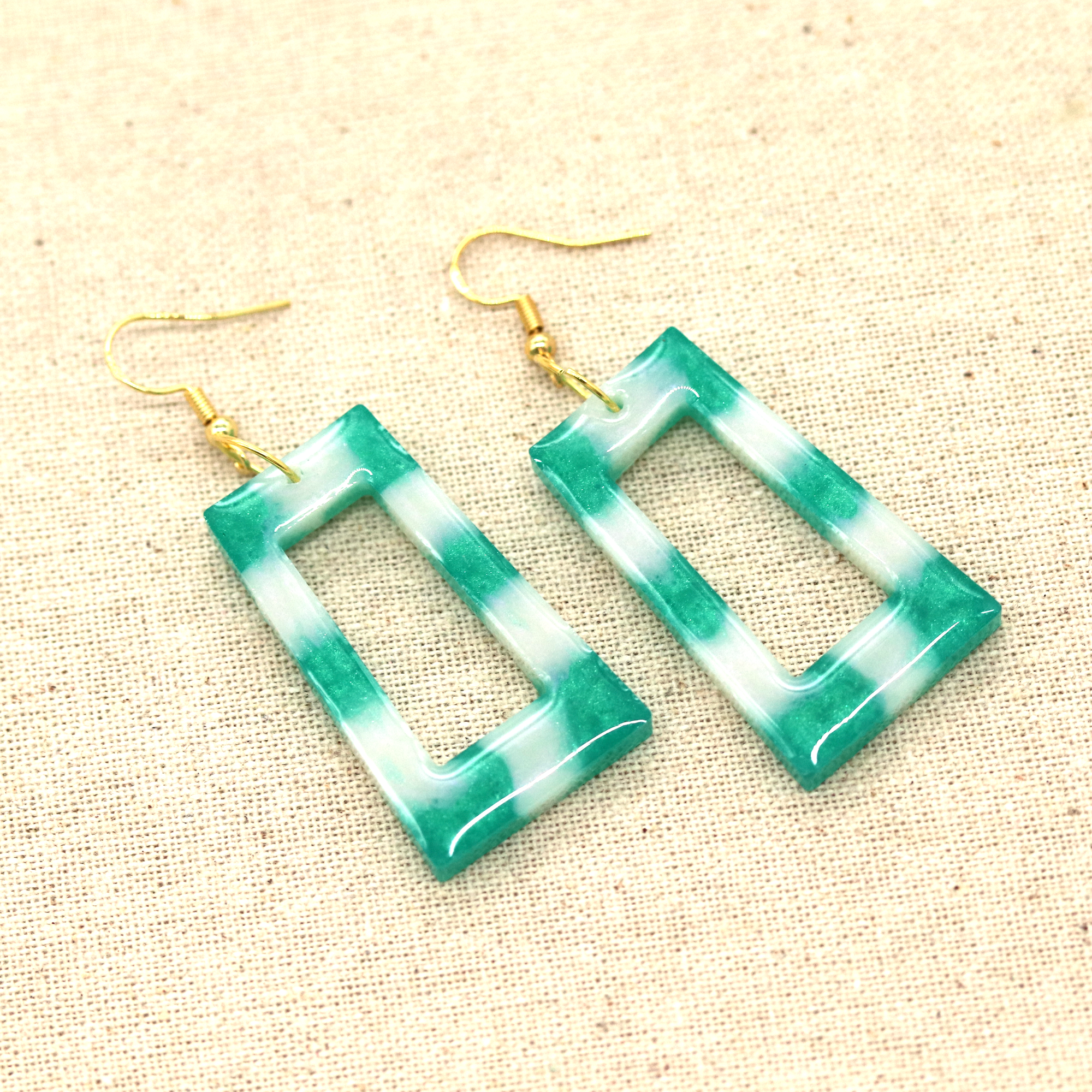 Green + White Boho Trapezoid-Shaped Earrings image 5