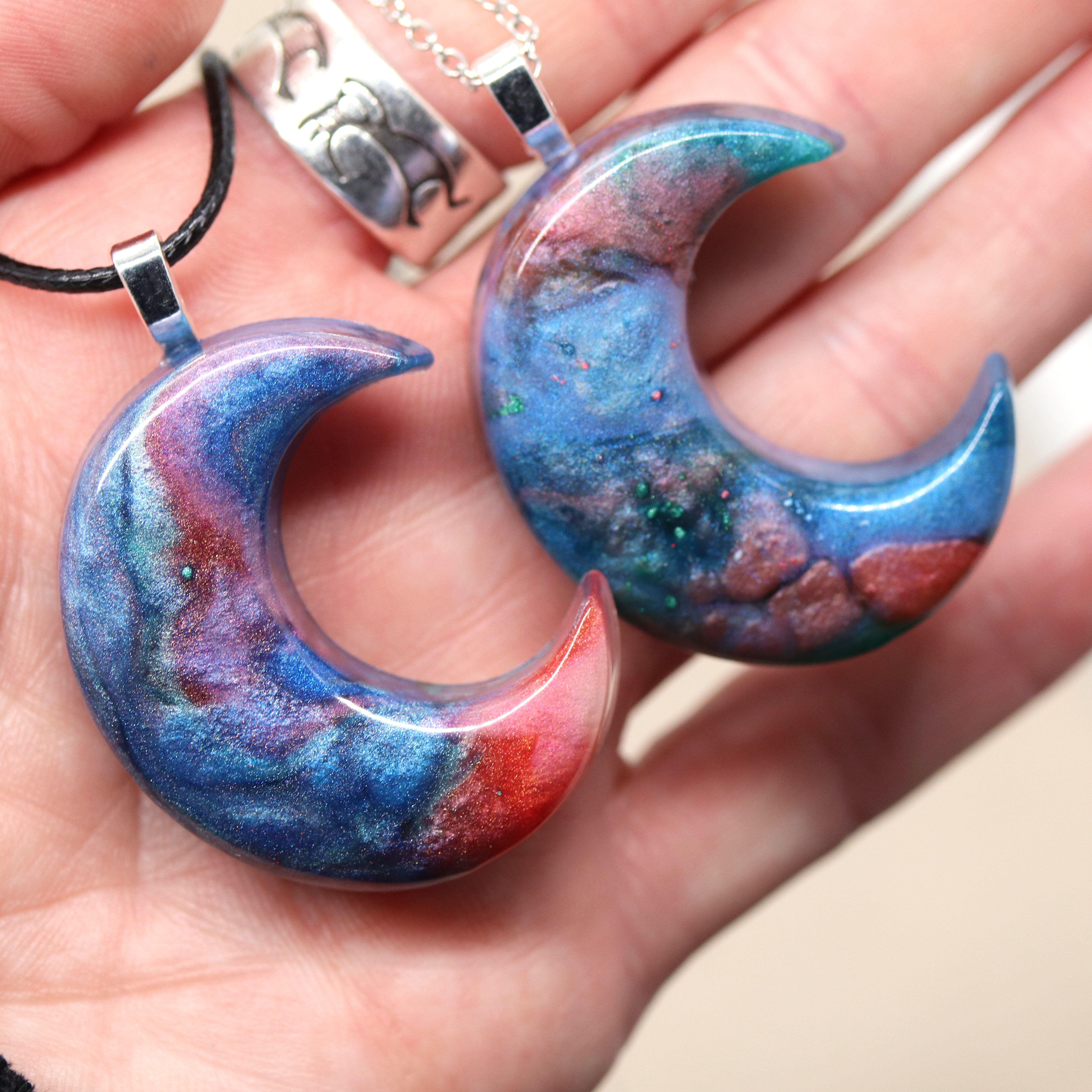 Blue + Coral Crescent Moon Pendant - Your Choice image 3