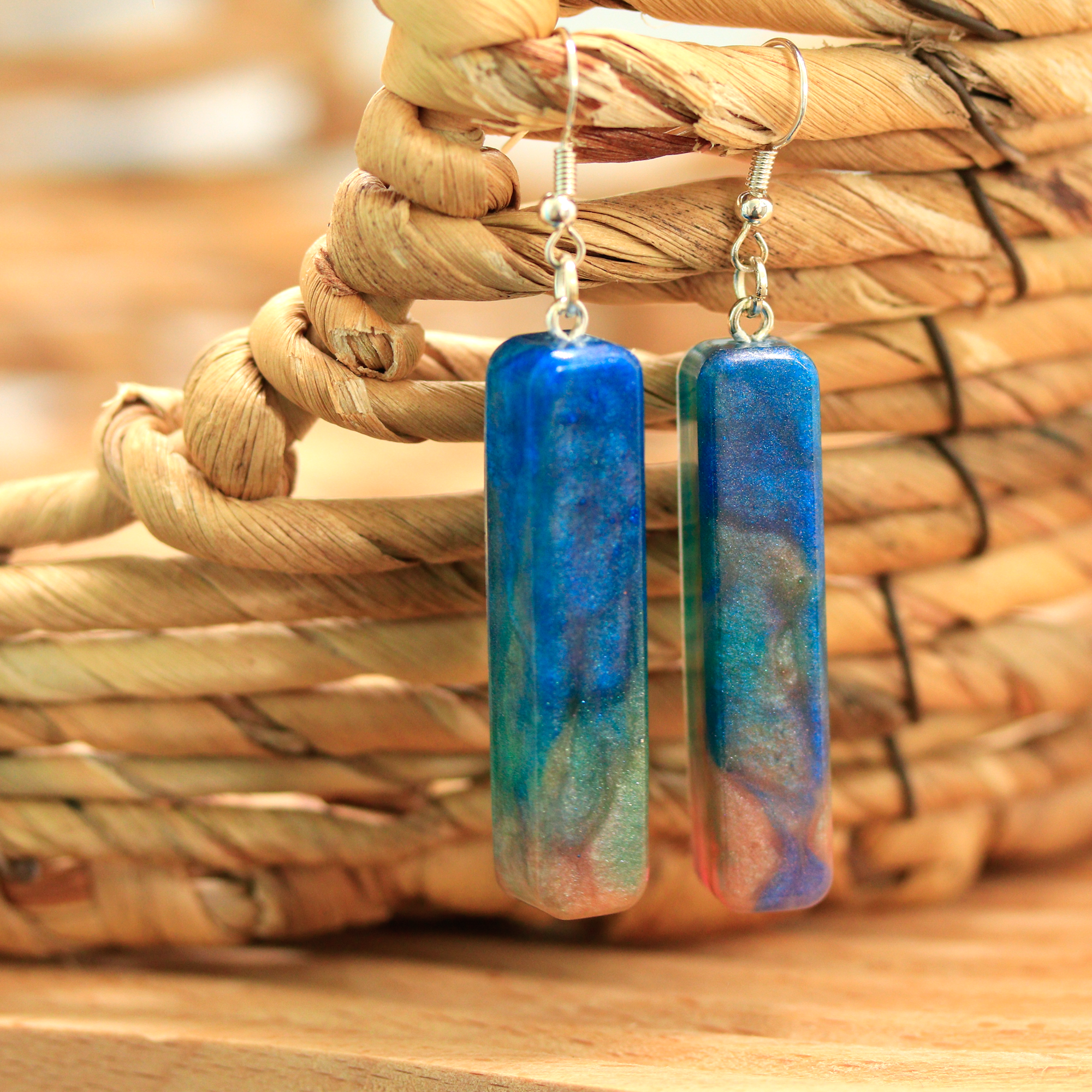 Blue + Coral Marble Simple Bar Earrings image 0