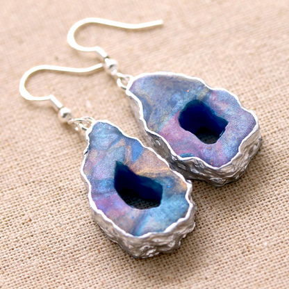 Blue + Rose Gold Shimmering Geode Earrings + Pendant Set image 4