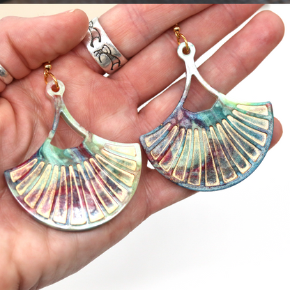 Opal + Gold Marble Fan-Shaped Boho Earrings image 1