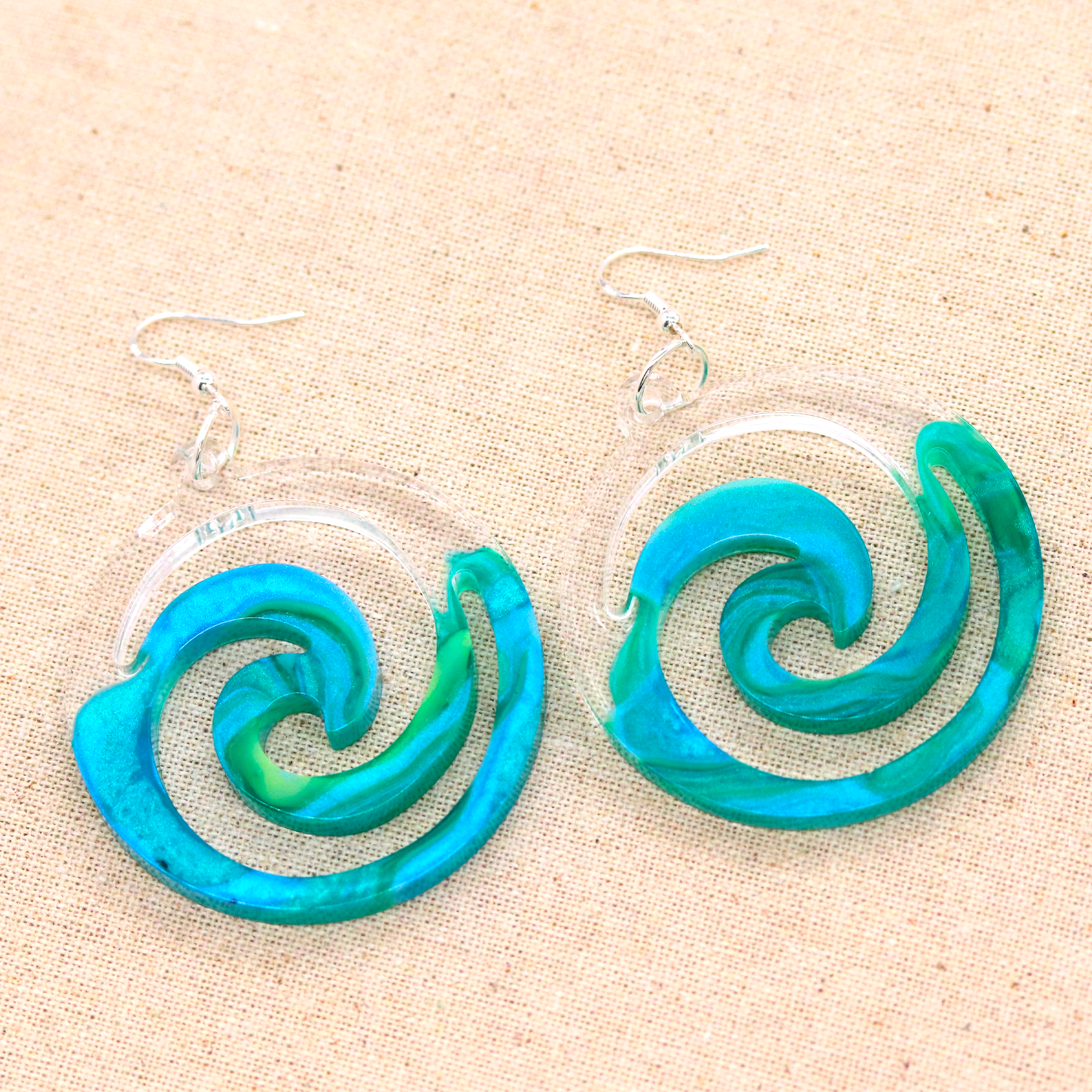 Teal Marble + Clear Big Boho Spiral Earrings image 4