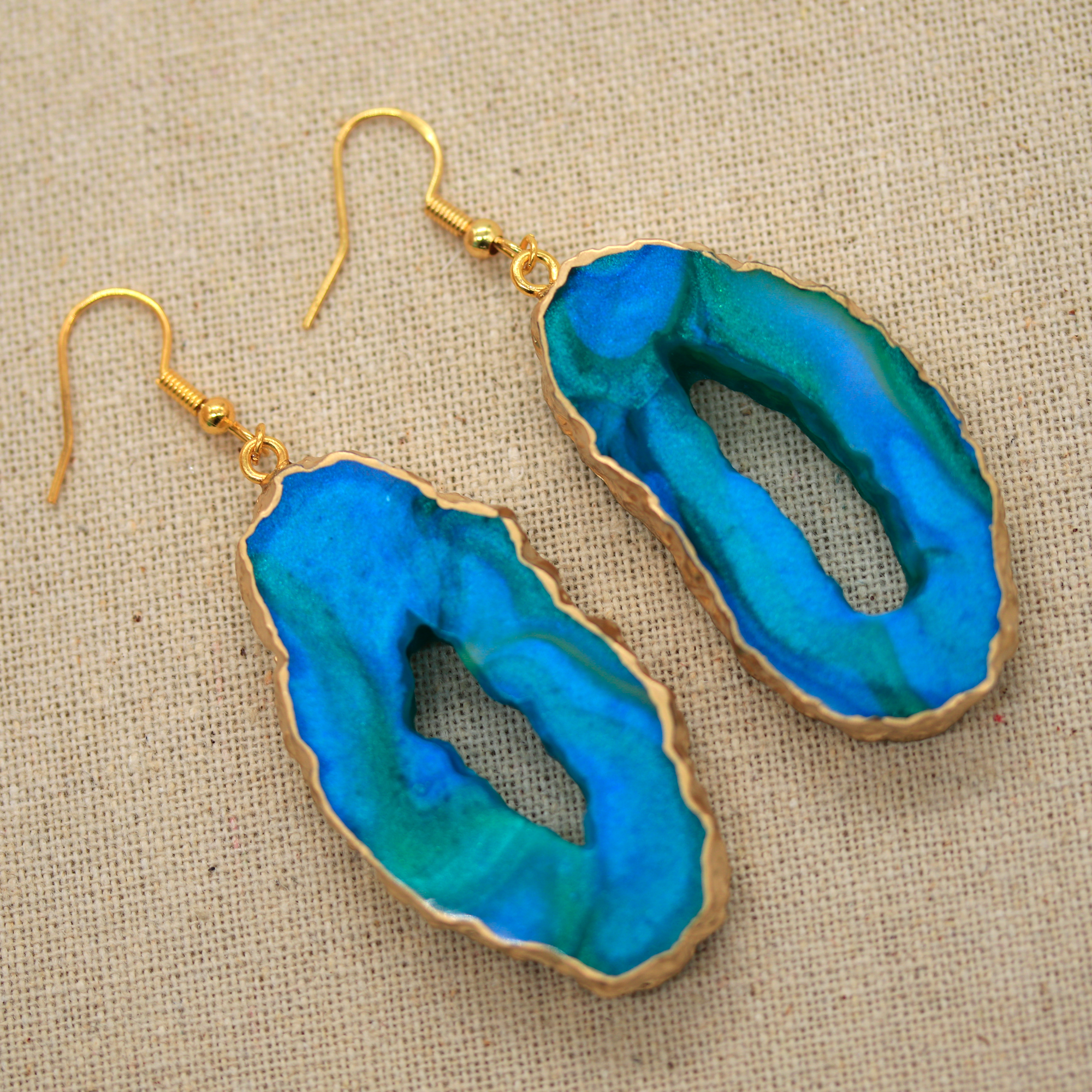 Northern Lights Teal + Gold Marble Geode Earrings image 6