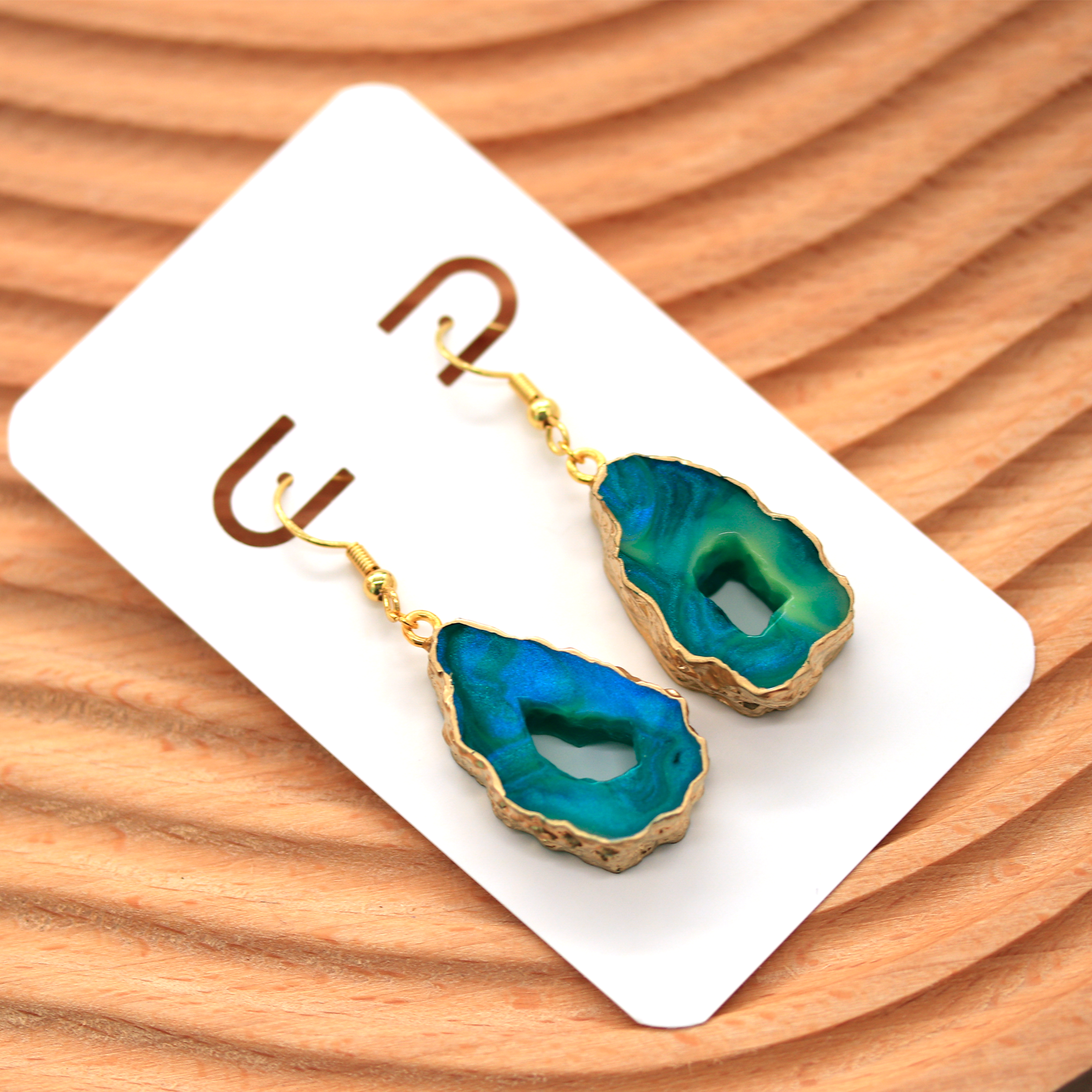 Northern Lights Teal + Gold Marble Geode Earrings image 7