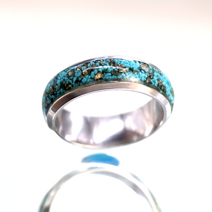 Turquoise and Pyrite Inlay Silver Finish Ring image 3