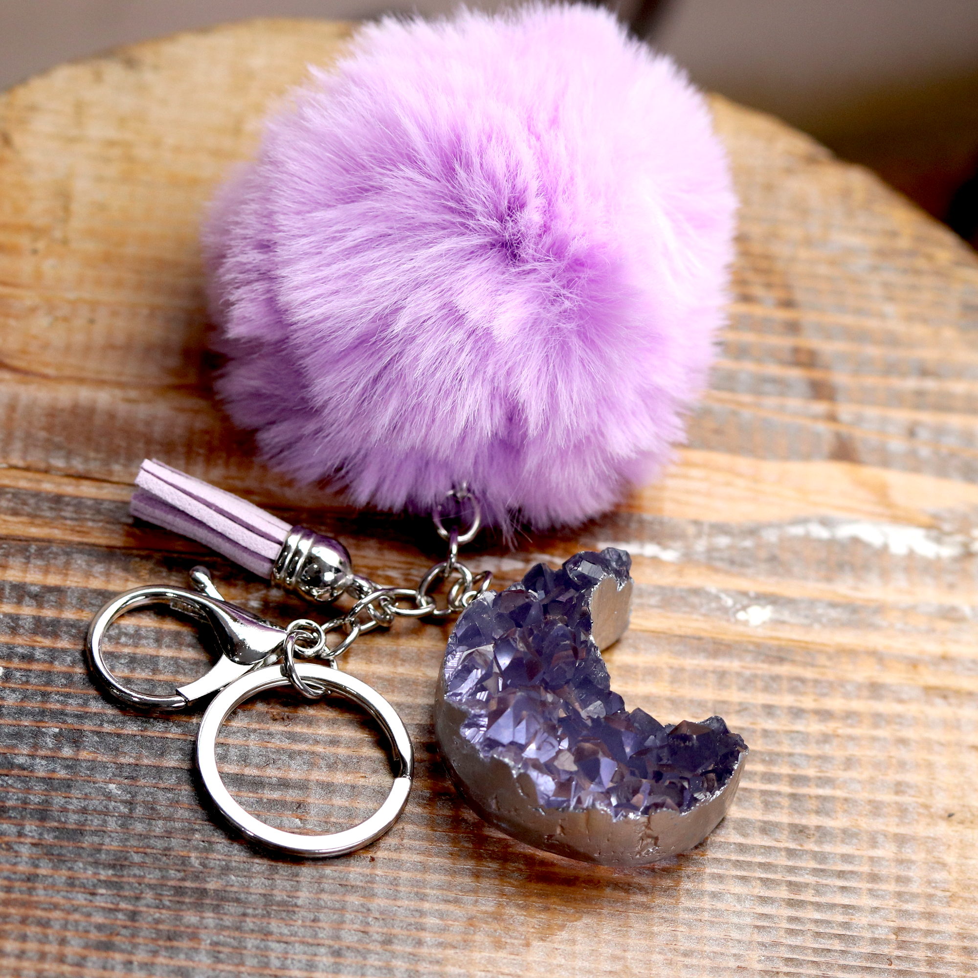 Emerald Green Druzy Crystal Crescent Moon Keychain image 1