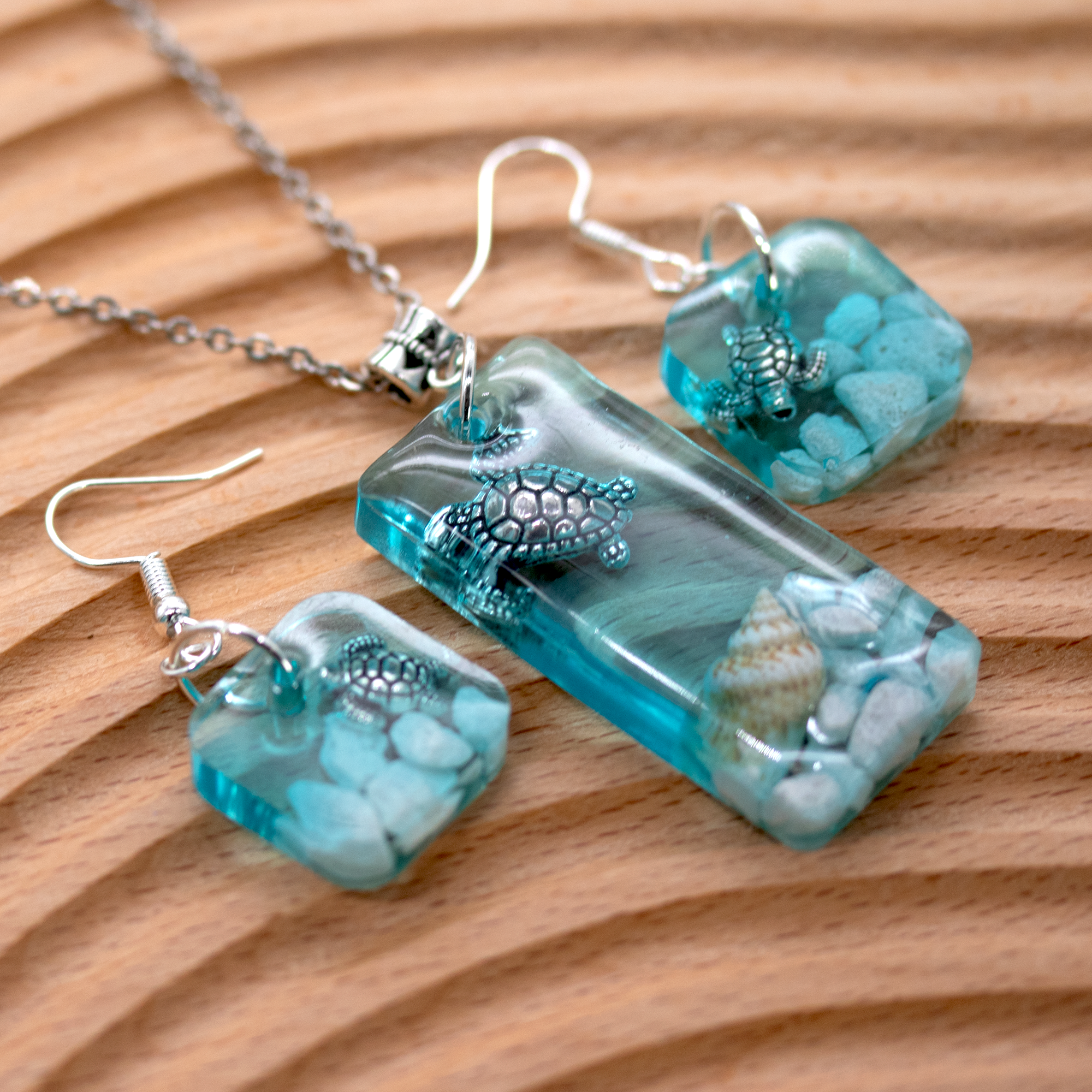 Underwater Turtle Seascape Earrings + Pendant Set image 4