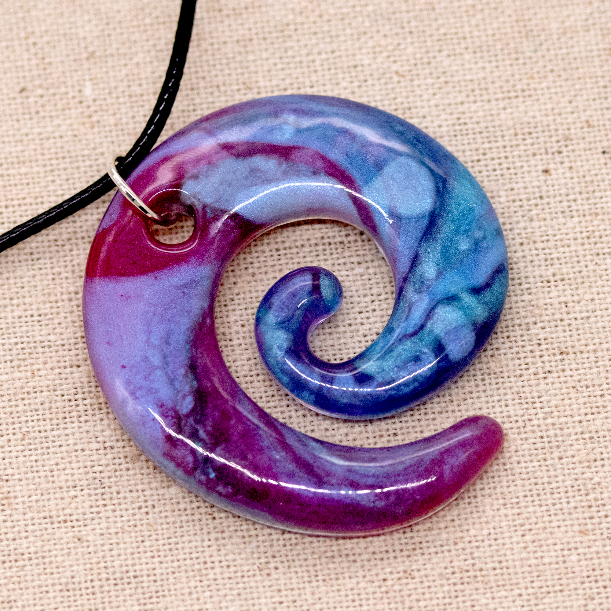 Raspberry Pink + Blue Marble Spiral Pendant image 4