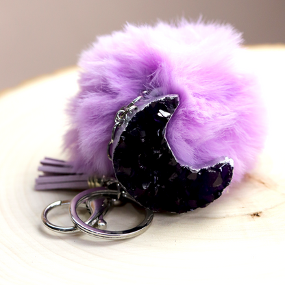 Deep Purple Druzy Crystal Crescent Moon Keychain image 0