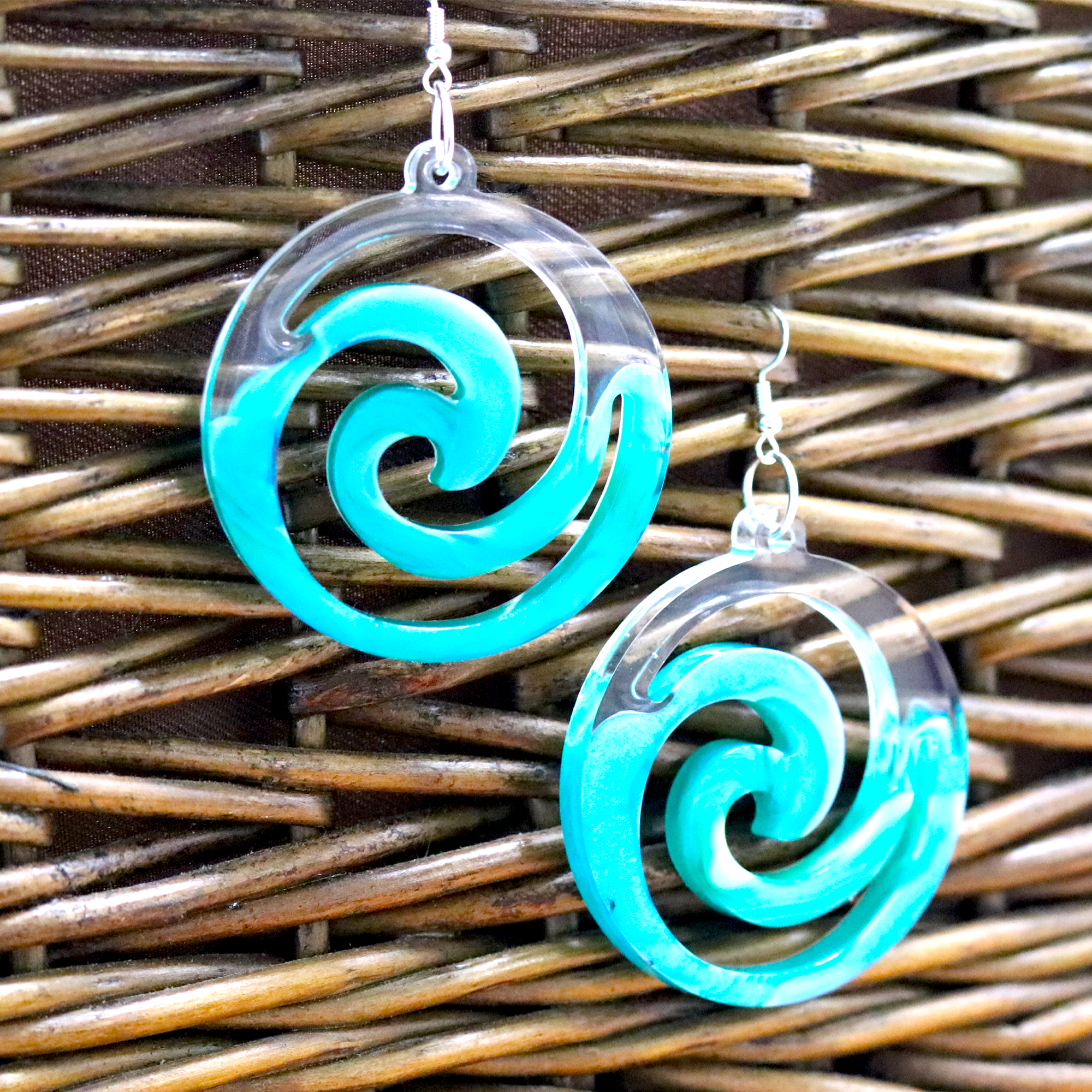 Teal Marble + Clear Big Boho Spiral Earrings image 7