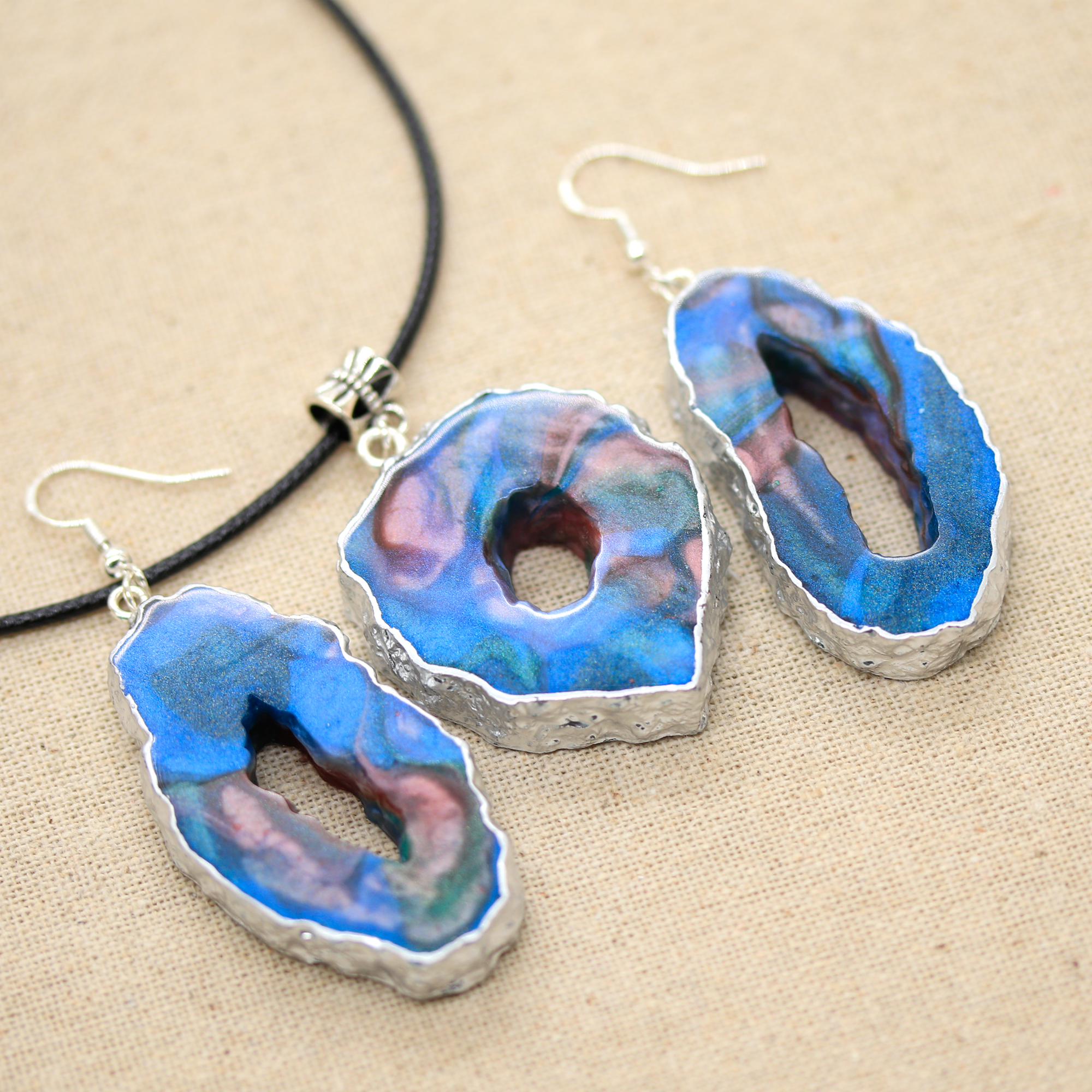 Blue + Pink Marble Geode Earrings image 2