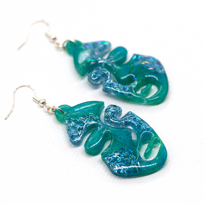 Green +Blue Tinsel Woman's Abstract Face Earrings image 4