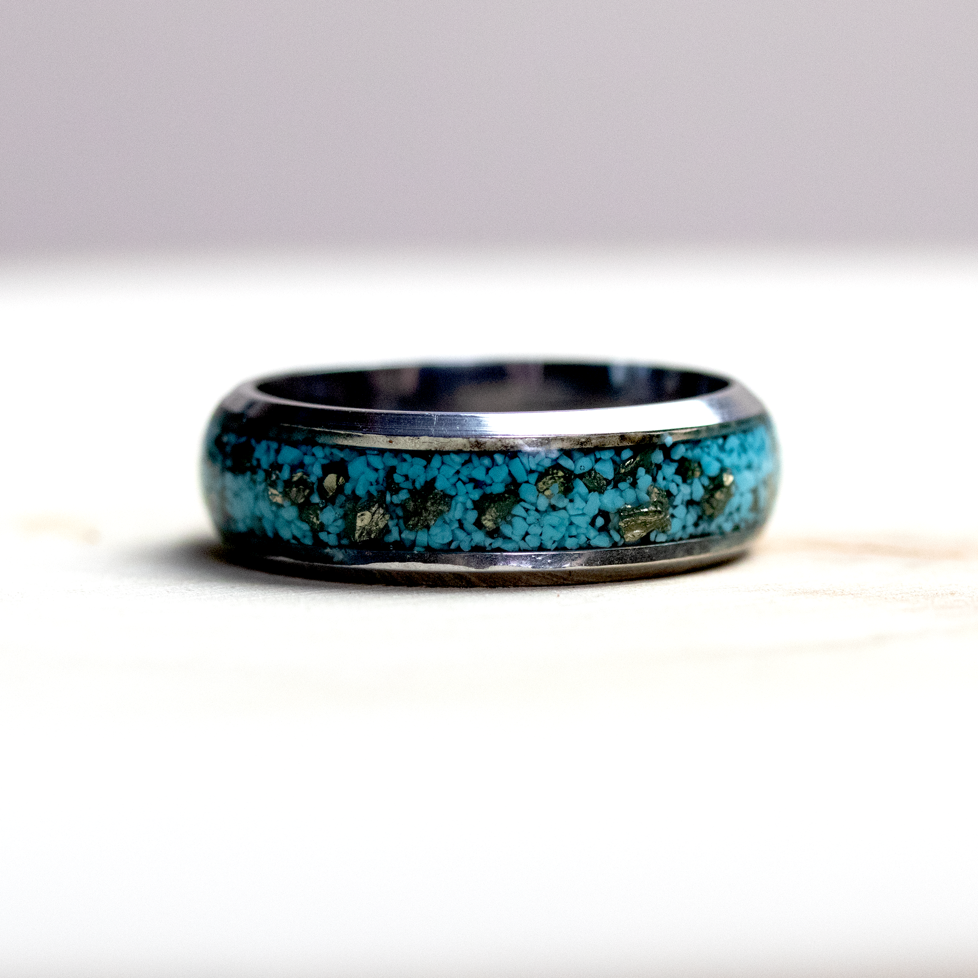 Turquoise and Pyrite Inlay Silver Finish Ring image 7