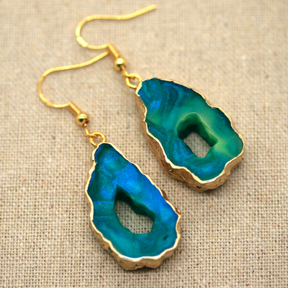 Northern Lights Teal + Gold Marble Geode Earrings image 3