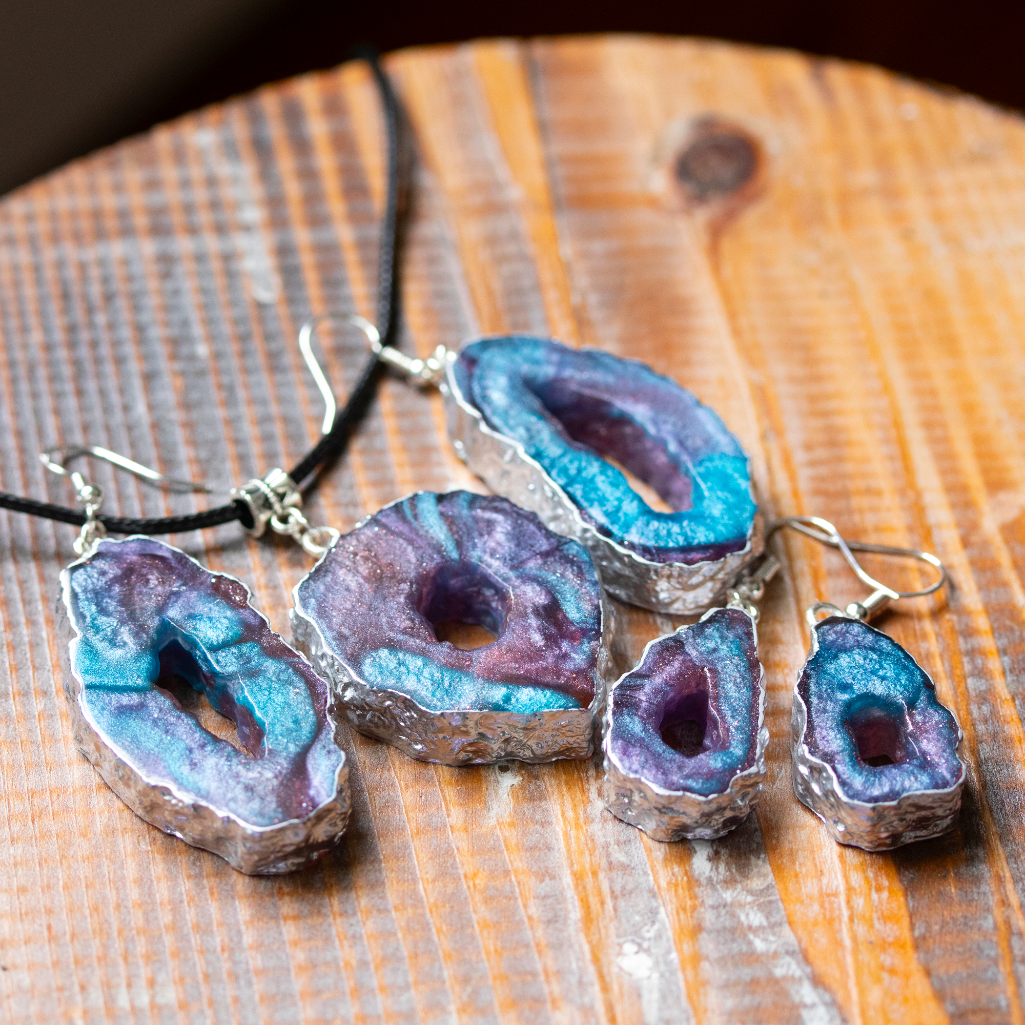 Blue + Purple Marble Galaxy Big Geode Earrings image 1