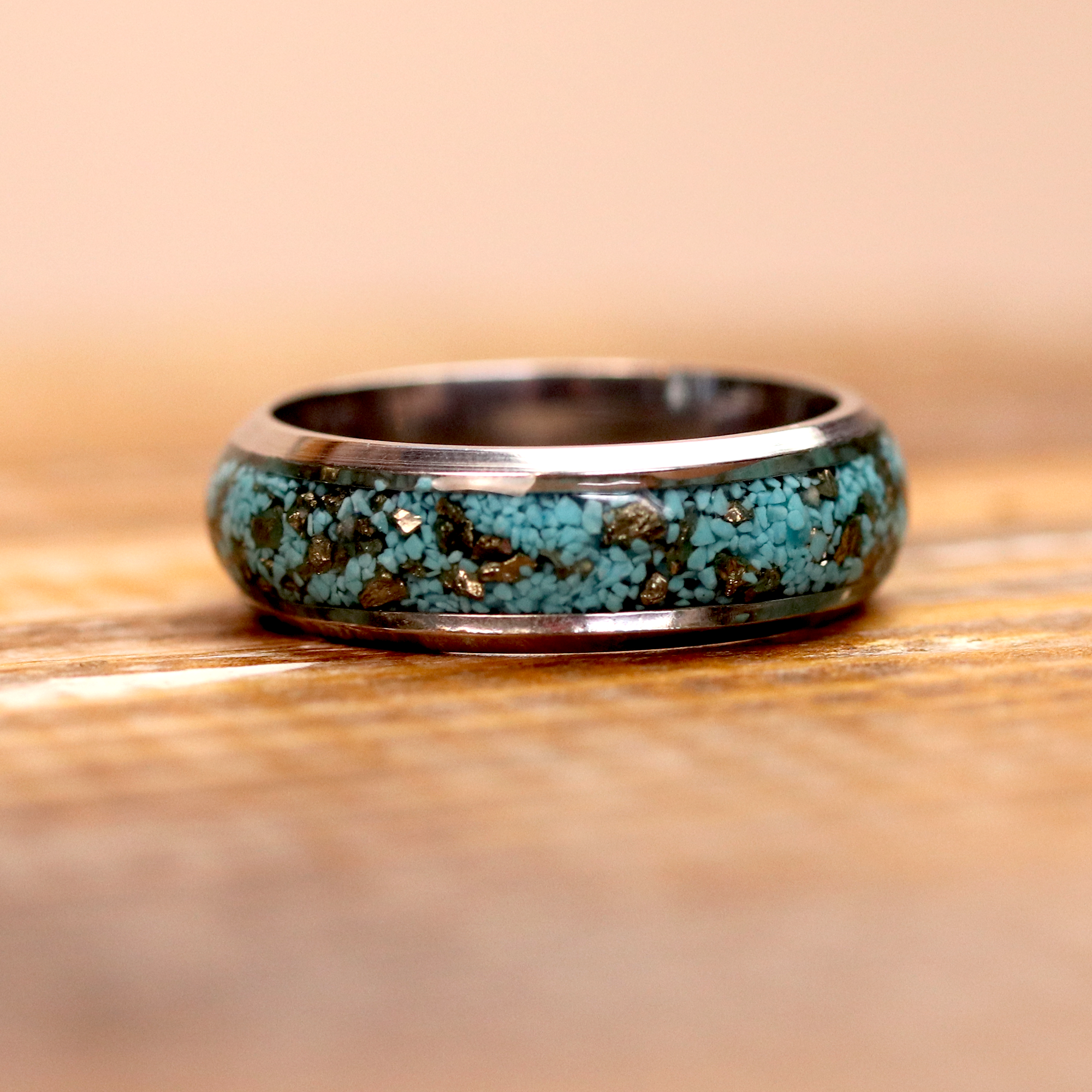 Turquoise and Pyrite Inlay Silver Finish Ring image 6