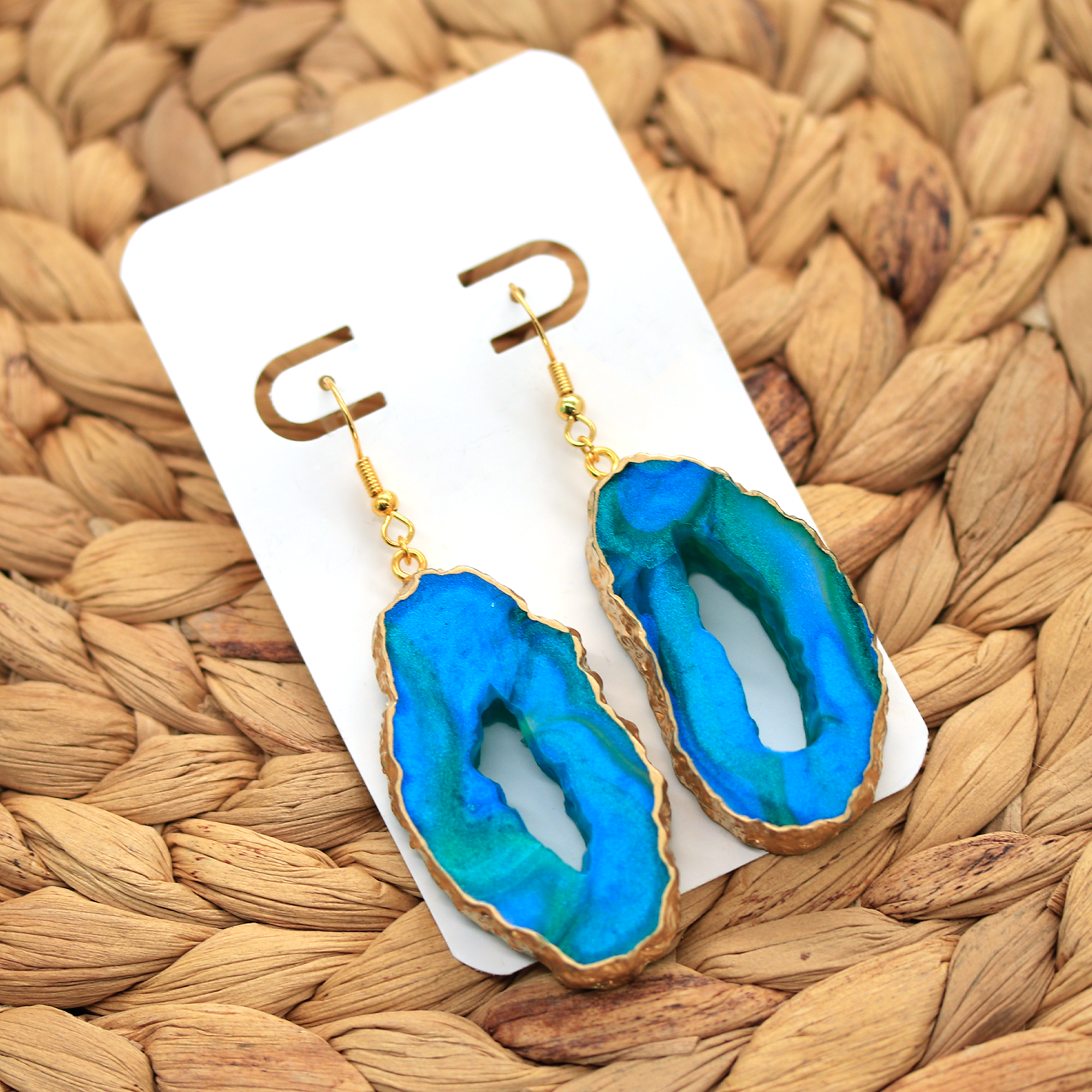 Northern Lights Teal + Gold Marble Geode Earrings image 3