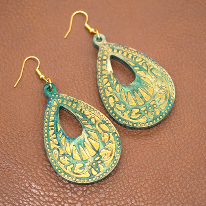 Green Marble + Gold Big Boho Earrings image 2