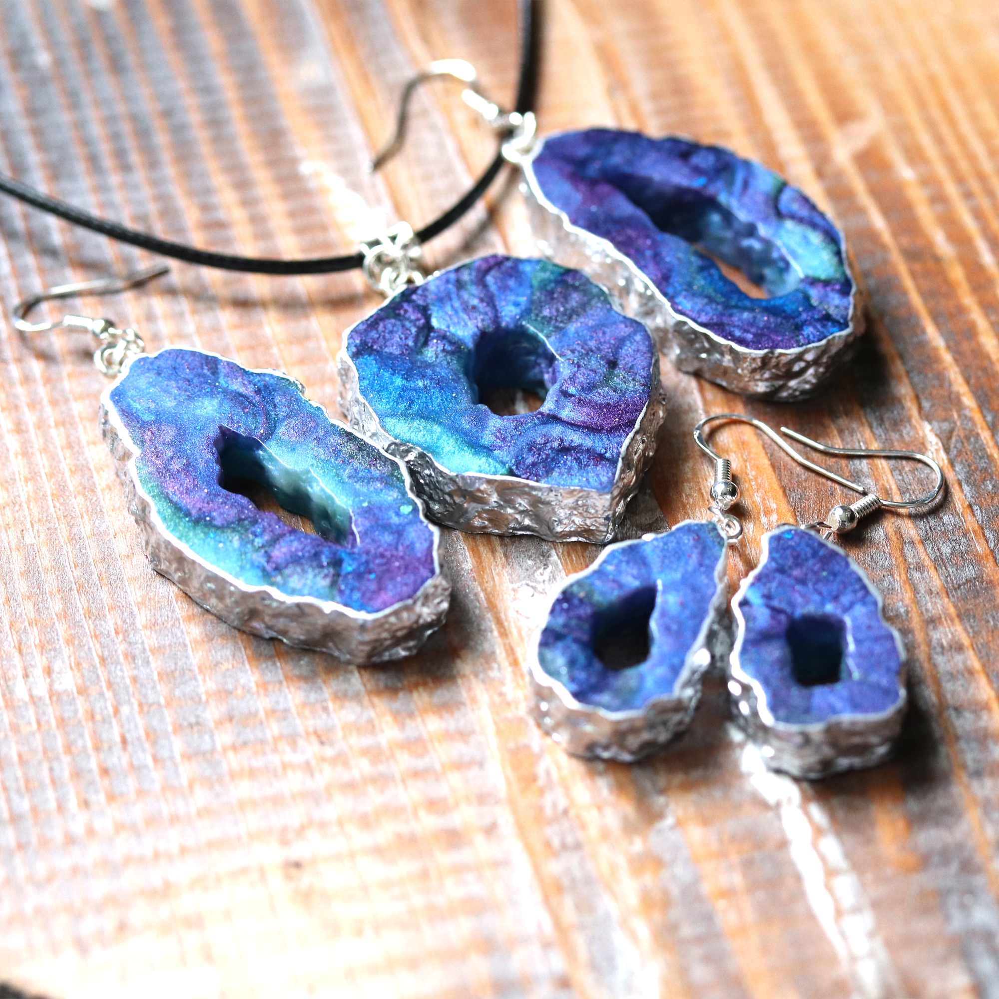 Blue + Purple Galaxy Big Geode Earrings image 1