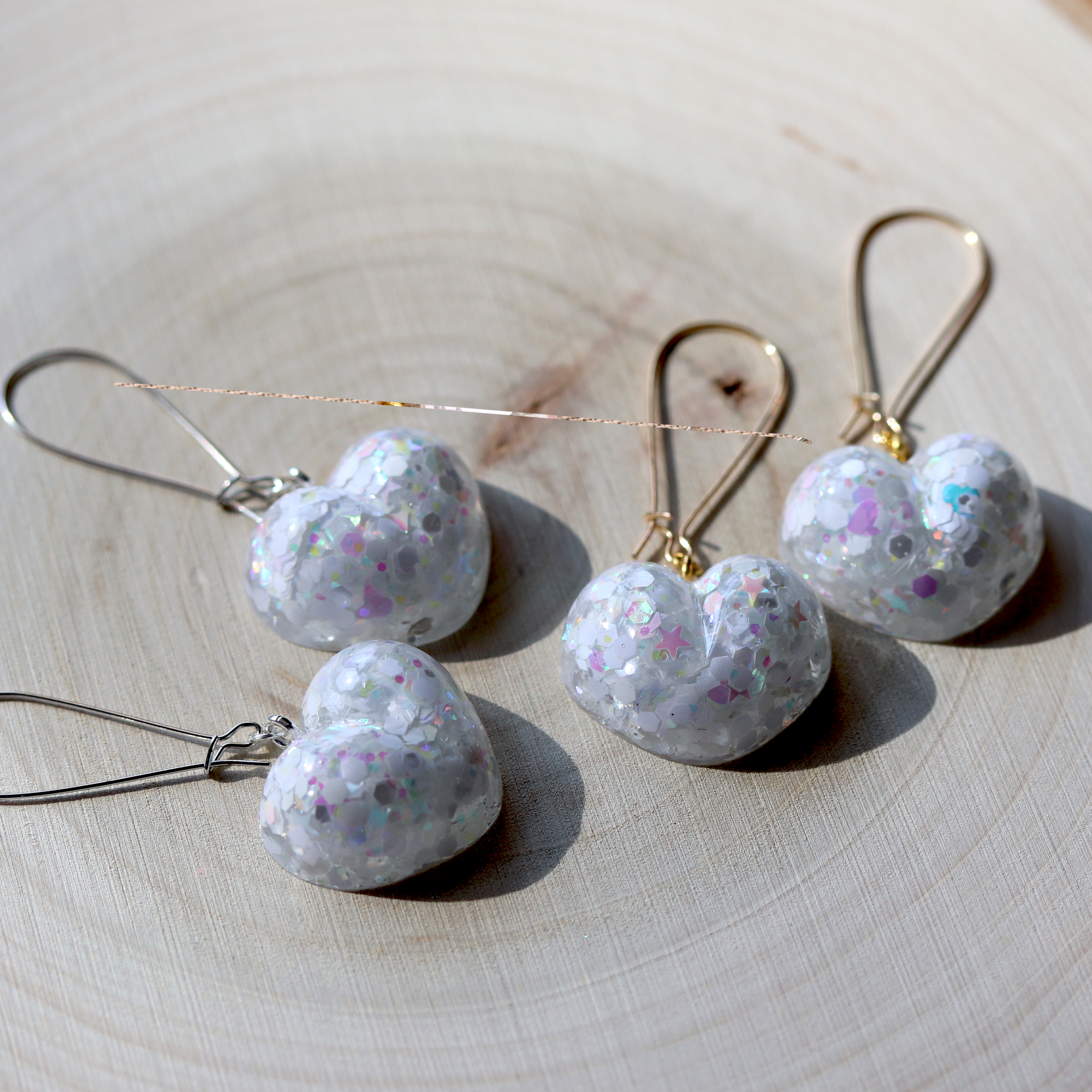 White Holographic Sparkly Heart Earrings image 1